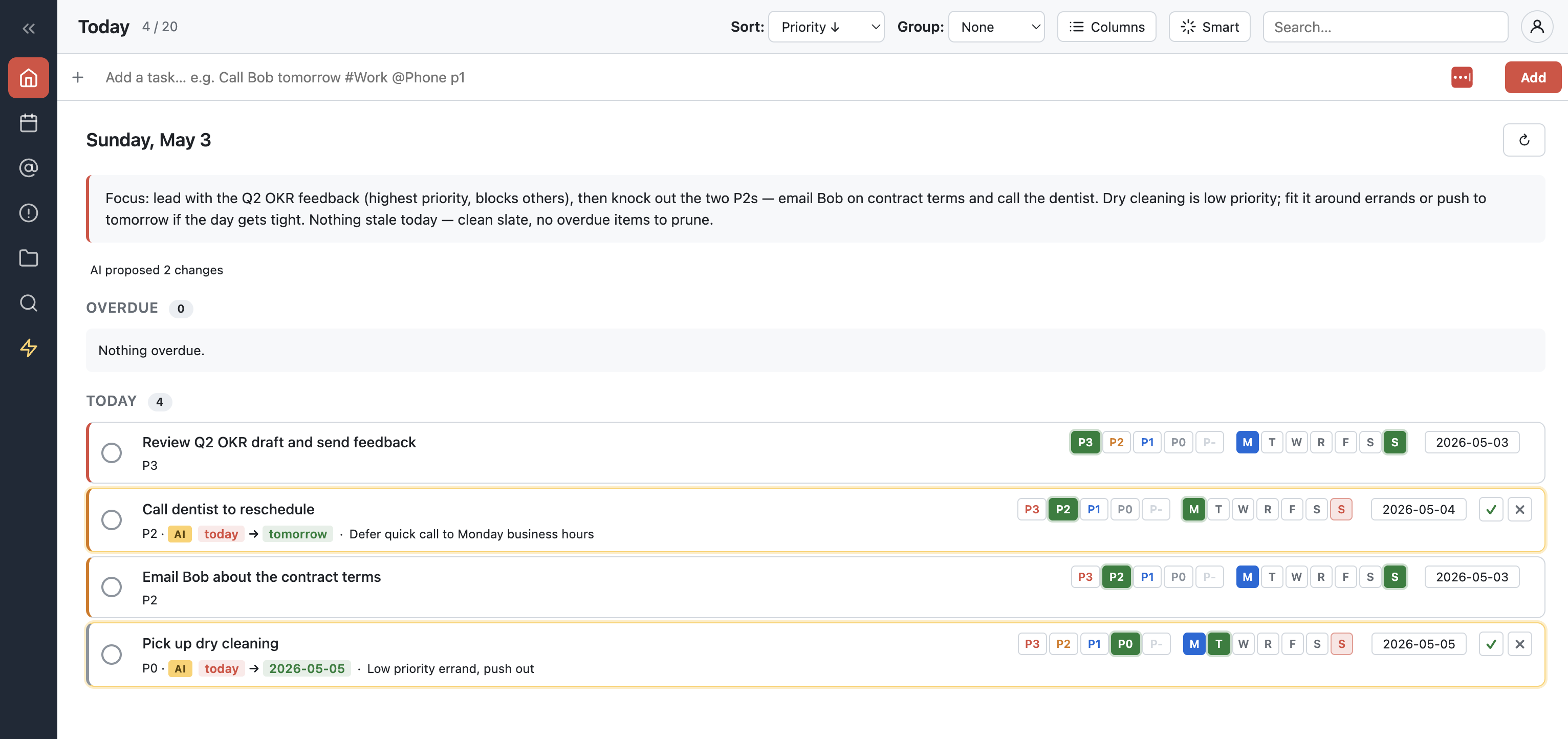 GRC Todo home view: AI daily brief, overdue and today task lists with priority and reschedule chips